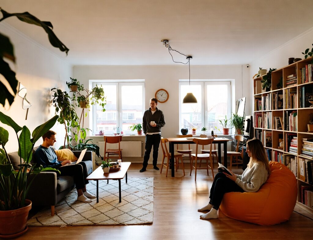 سه هم‌خانه در نشیمن روشن و پر از گیاه یک آپارتمان اشتراکی در آلمان؛ یکی با لپ‌تاپ روی کاناپه، یکی در حال کتاب خواندن روی بین‌بگ، یکی با فنجان قهوه ایستاده.