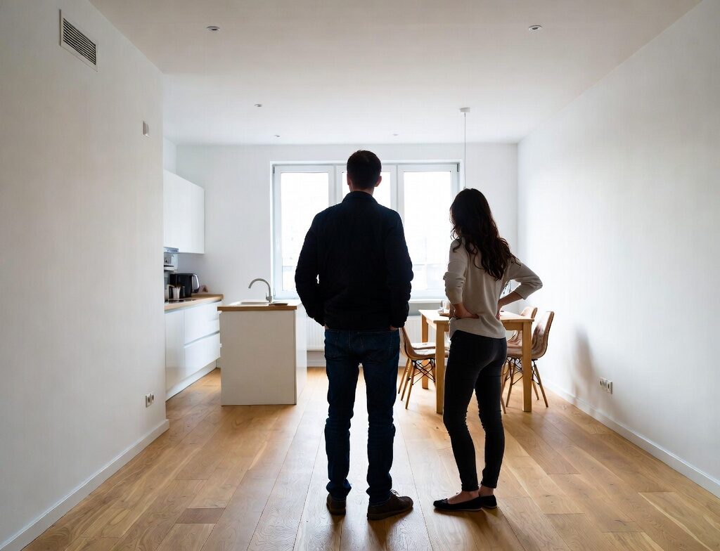 نمای پشتی یک مرد و زن که در یک آشپزخانه مدرن و خالی آپارتمان ایستاده‌اند، با کف چوبی، دیوارهای سفید و پنجره‌های بزرگ، در حال بررسی اجاره آپارتمان در آلمان.