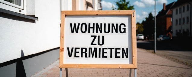 تابلویی چوبی با نوشته "WOHNUNG ZU VERMIETEN" در پیادهروی مقابل ساختمانهای مسکونی در آلمان، نشاندهنده اجاره آپارتمان.