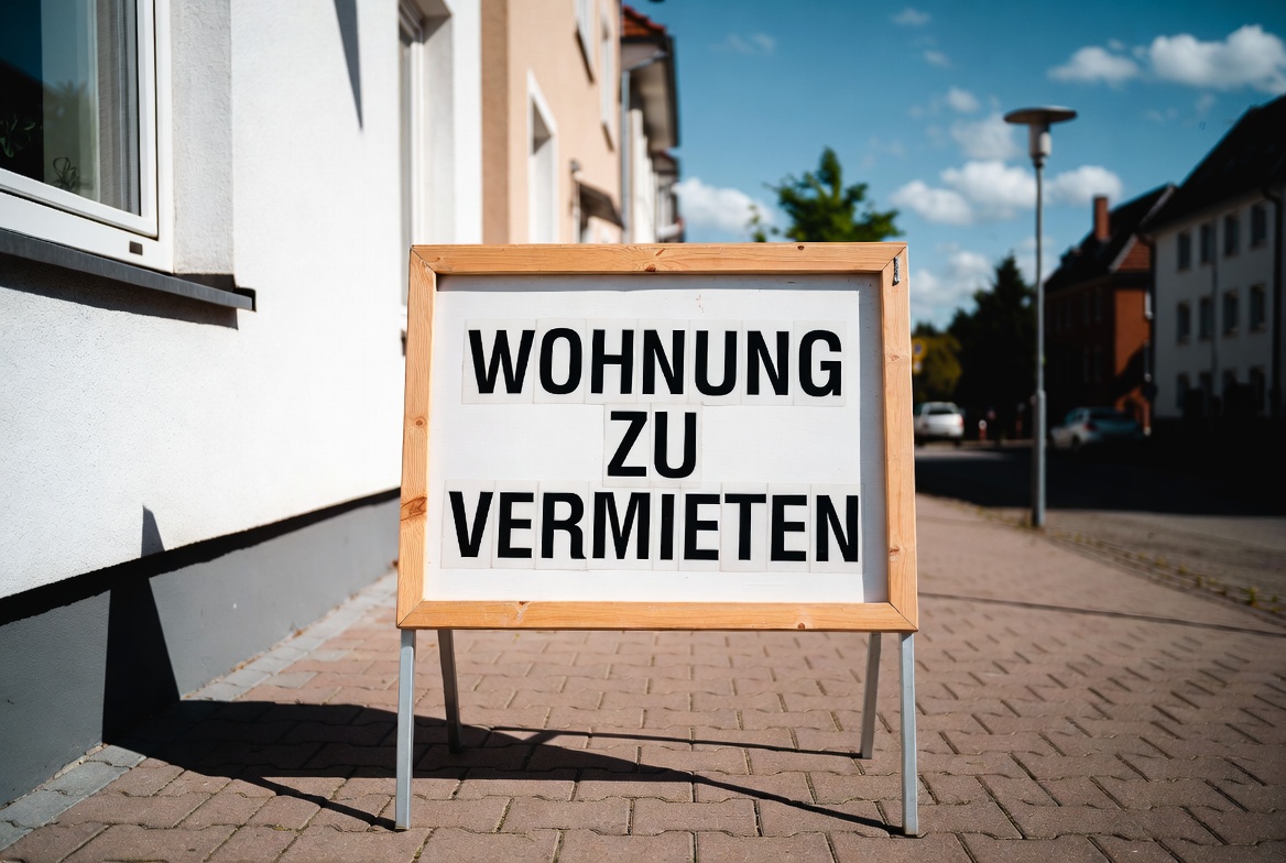 تابلویی چوبی با نوشته "WOHNUNG ZU VERMIETEN" در پیاده‌روی مقابل ساختمان‌های مسکونی در آلمان، نشان‌دهنده اجاره آپارتمان.